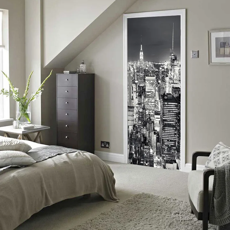 Черно-белая самоклеящаяся виниловая наклейка на дверь в стиле ночного города |