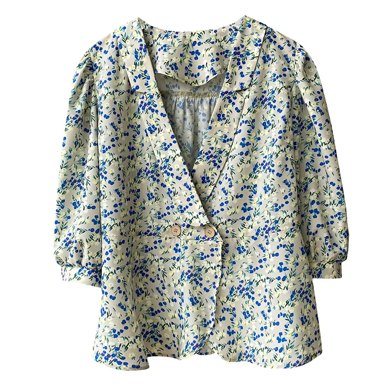 

Yeeloca Sweet Bubble Sleeve Shirt Women's 2021 Summer Thin Green Floral Blousers French Chiffon V-neck Top