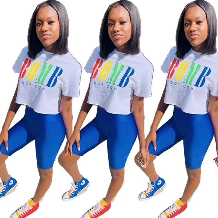 Летний женский комплект из 2 предметов с цветными буквами топ круглым вырезом и