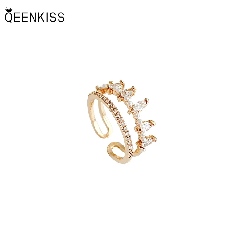 

QEENKISS RG709 Fine Jewelry Wholesale Fashion Trendy Woman Girl Birthday Wedding Gift Geometric Crown AAA Zircon 18KT Gold Ring