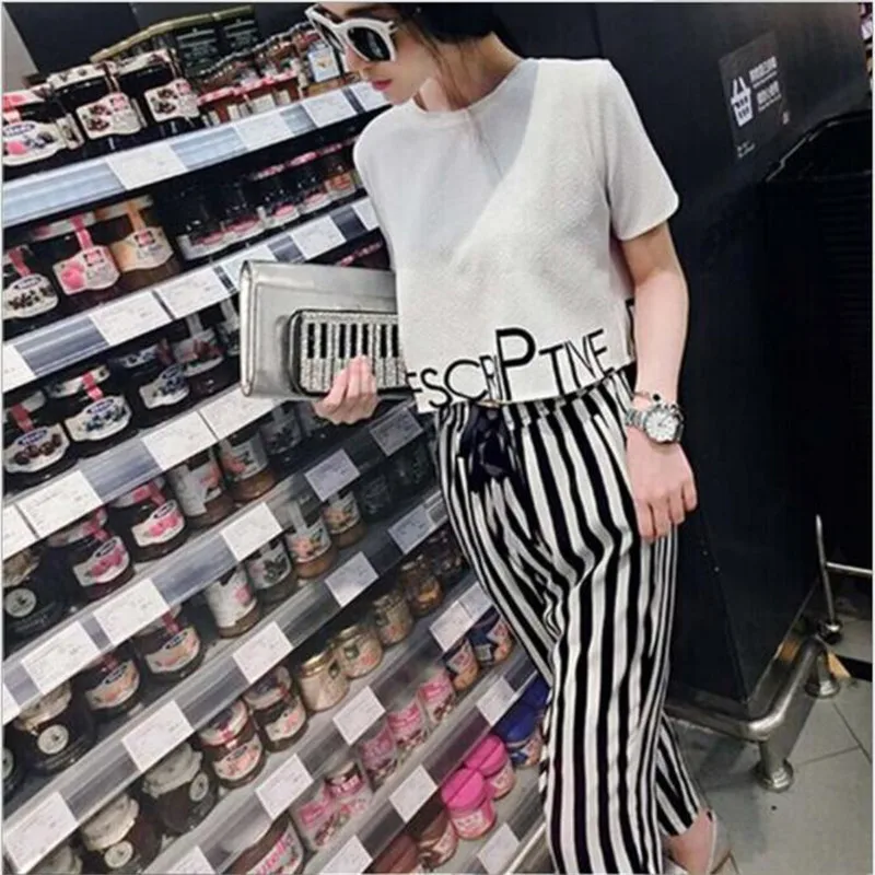 Штаны в полоску летний комплект одежды женские костюмы Комплект футболок для