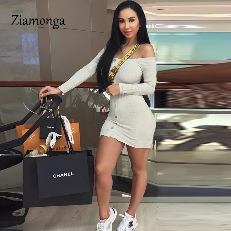 Ziamonga Sweater Dress Long Sleeve Bandage Strapless Off Shoulder Black White Knitted Autumn Winter Soft Sexy | Женская одежда