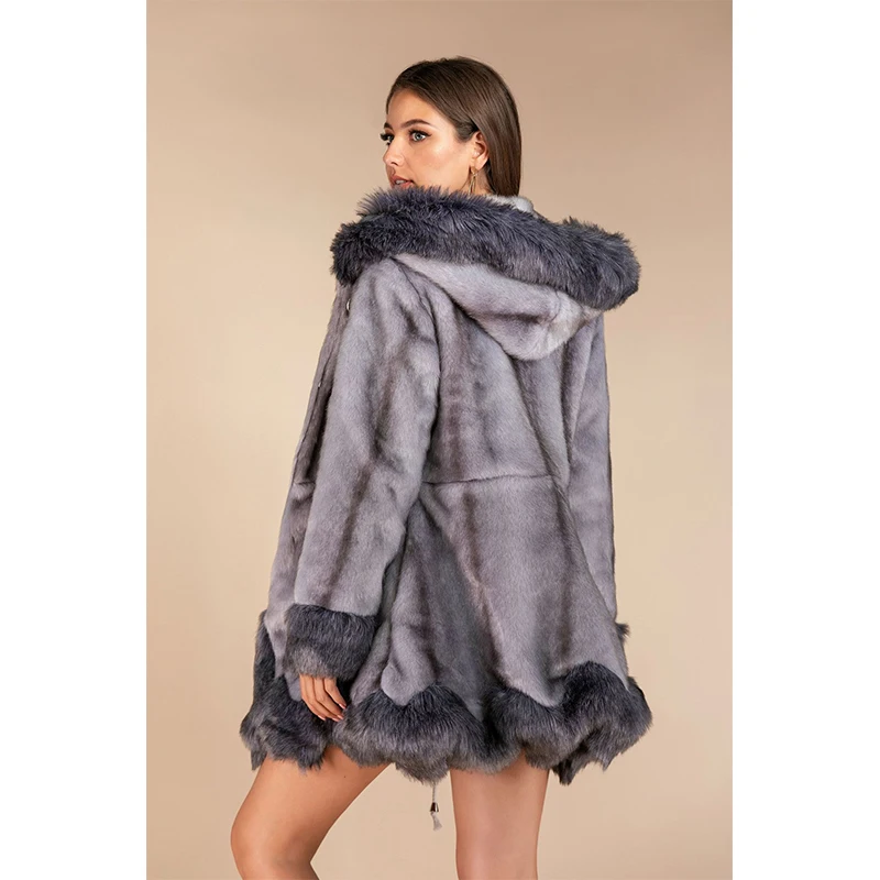 Женское пальто из искусственного меха средней длины куртка с капюшоном норки и