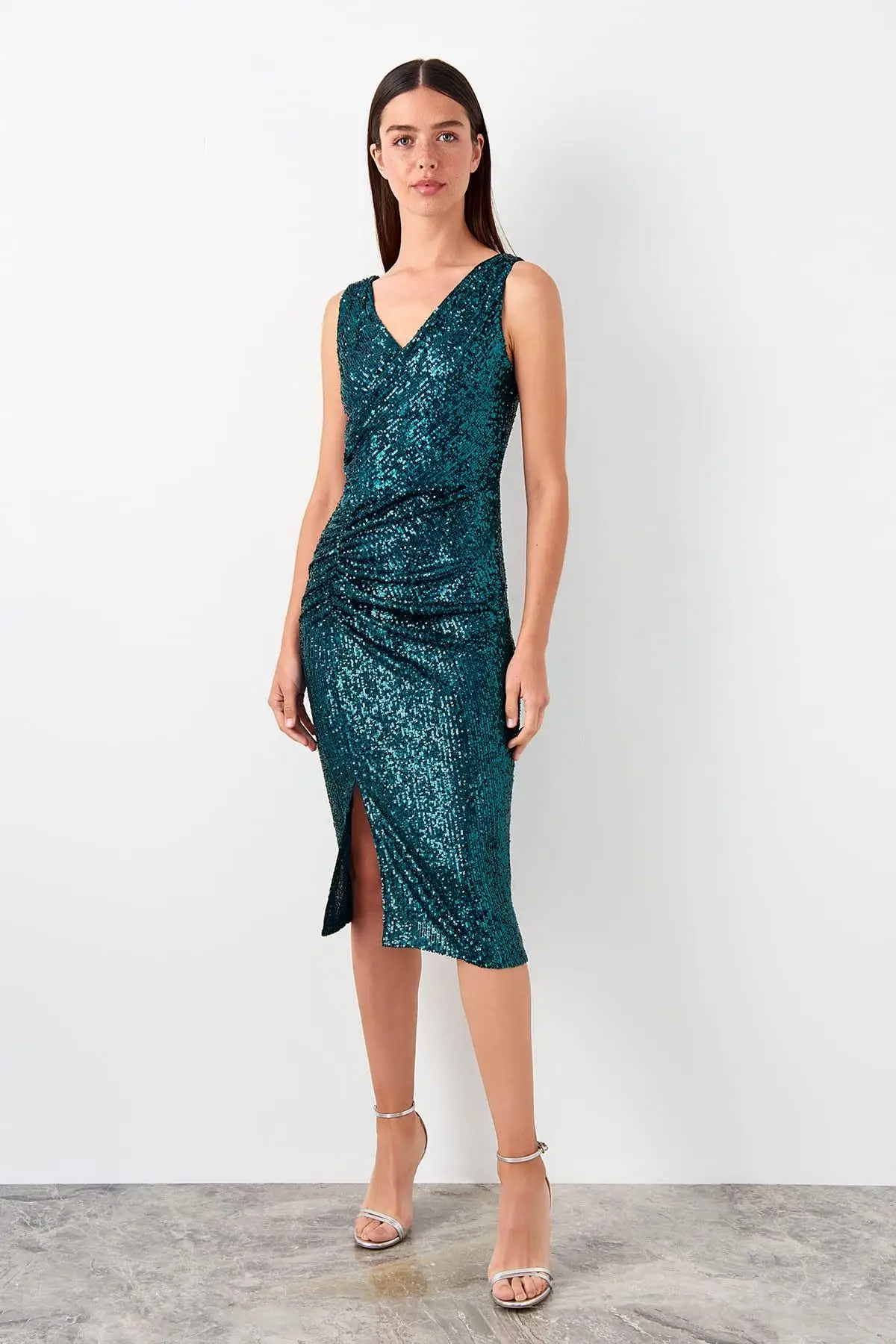 Trendyol изумрудно зеленое платье с драпировкой TPRSS19EL0564|Женские платья| |