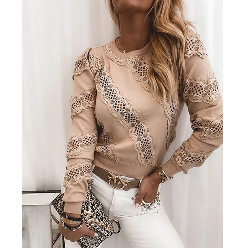 

New 2021 Spring Autumn Women's Blouse Patchwork Lace Pullover Crew Neck Hollowing Out Casual Shirts Elegant Trendy Loose Blouse