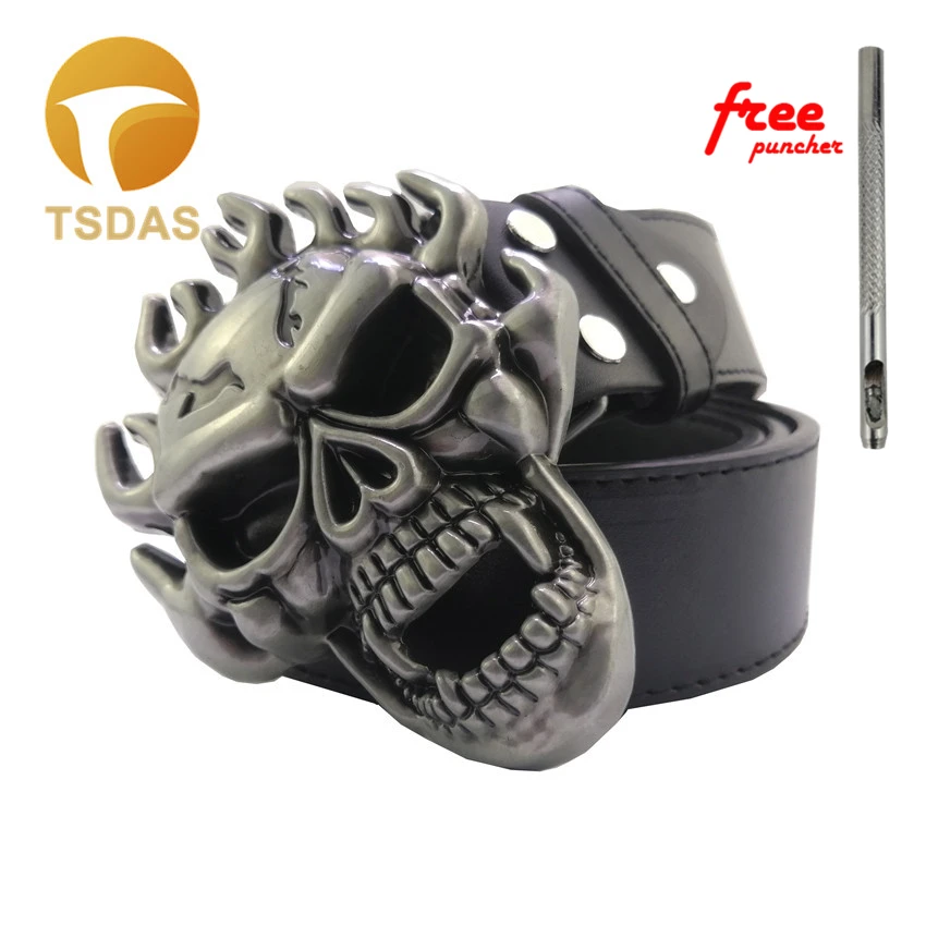 Men Fire Skull Belt Buckle with Metal Silver Vintage Finish Width Western Cool Punk Rock Style Boy's Birthday Gift | Дом и сад