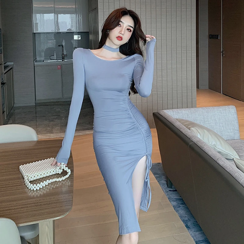 

Vintage Female Basic O-Neck Draw String Folds Split Midi Party Dress Ladies Elegant Casual Long Sleeve Inner-Match Bodycon Dress