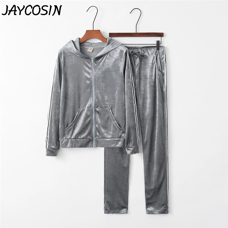 JAYCOSIN спортивный костюм для женщин с золотым бархатом с длинным рукавом на молнии Толстовка Топ боковые полосатые штаны комплект из 2 предметов повседневные спортивные костюмы