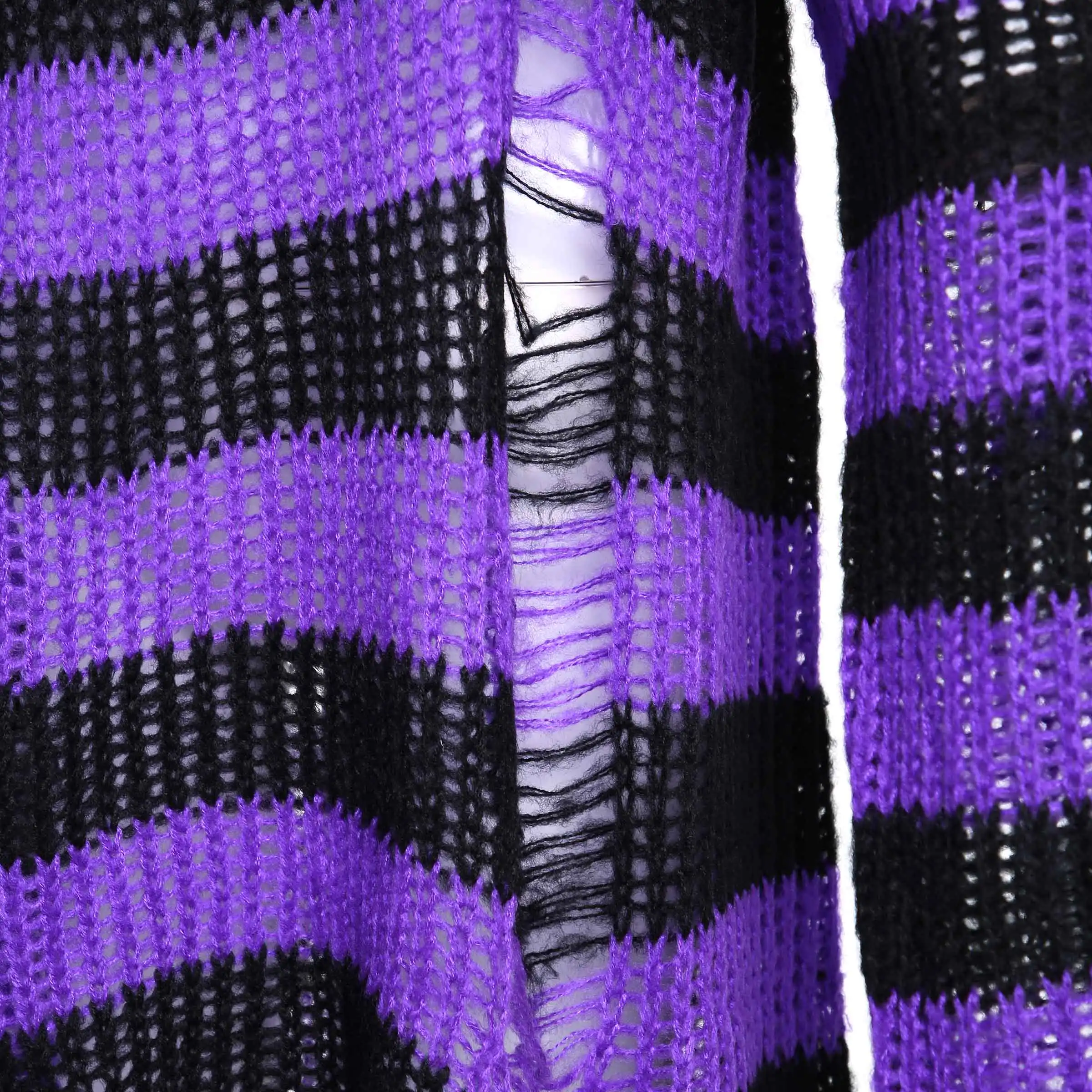 

Women Pullover Sweater Gothic Punk Casual Striped Knitwear Loose Autumn Knitted Sweaters Hole Jumpers Hollow Out Long Sweaters