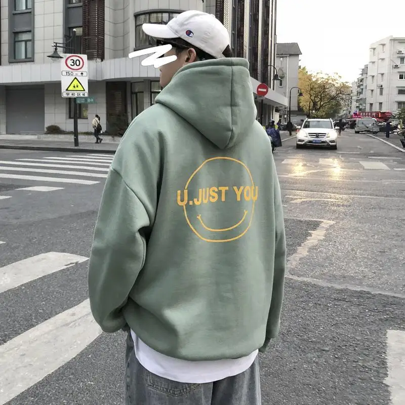 

Autumn and winter student sweater men's Plush hooded fashion ins Hong Kong Style loose large boys' printed coat