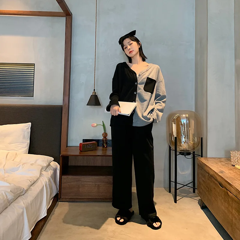 

Harajpee Lovers Pajamas Spring Autumn Cotton Couple Pajama Women and Men 2021 Thin Contrast Color Soft Fashion Home Clothes Suit