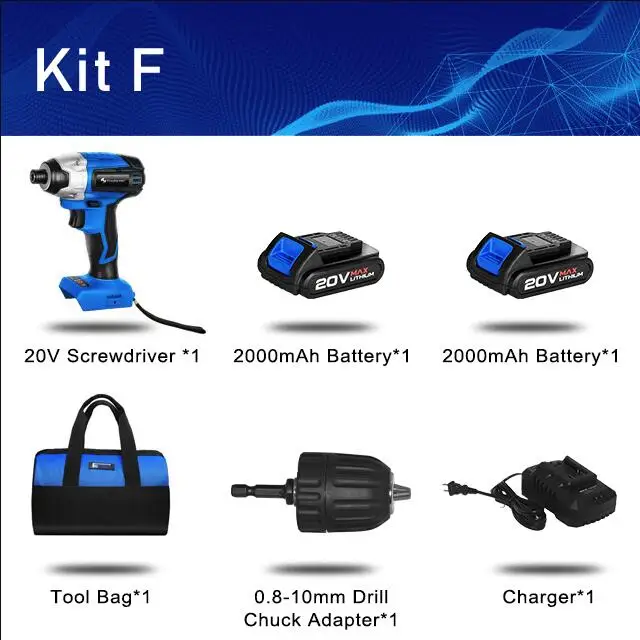 KIT F Электрическая отвертка PROSTORMER 20 в бесщеточная аккумуляторная отвертка Ударная дрель 300 нм сумка для инструментов перезаряжаемая дрель с переменной скоростью - Цвет: KIT F