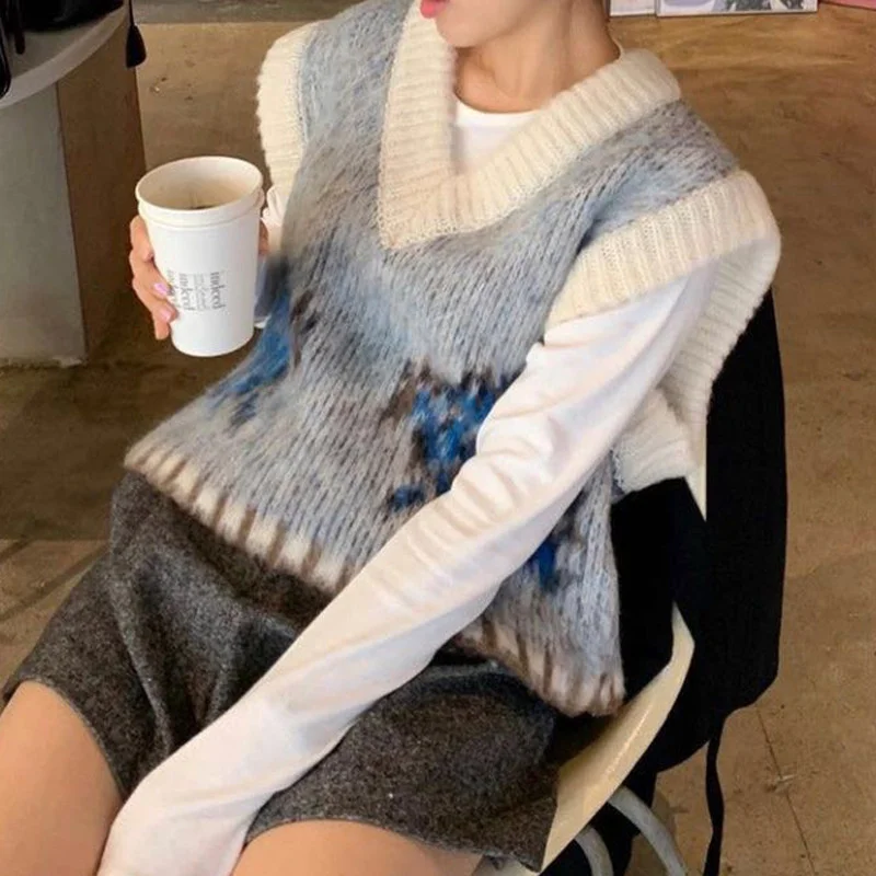 LANMREM 2022 корейский осенне-зимний вязаный жилет цветок узор контрастный цвет