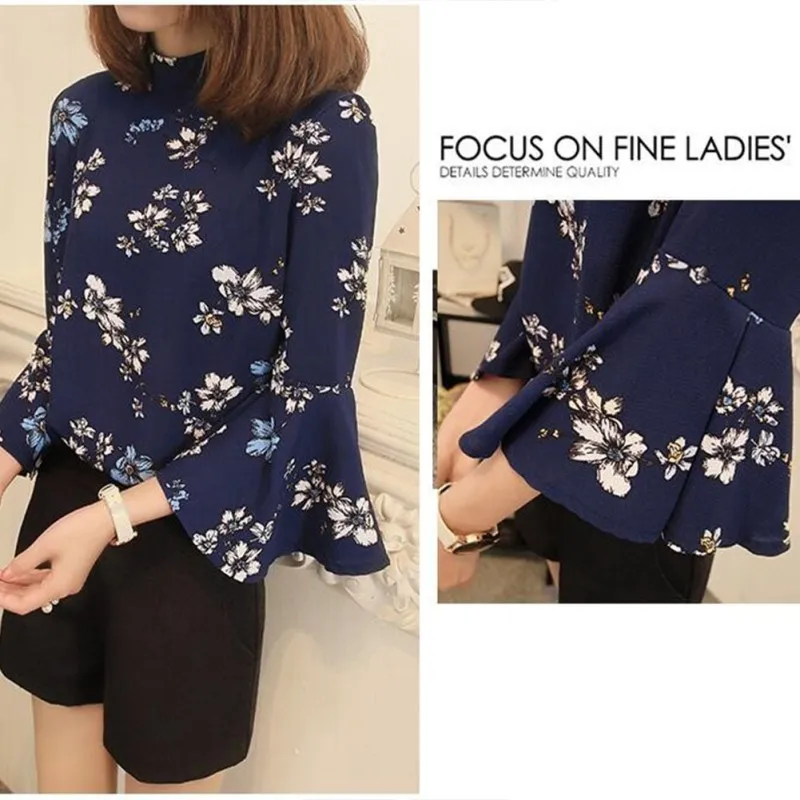 Женская Осенняя шифоновая блузка с цветочным рисунком рубашка расклешенными