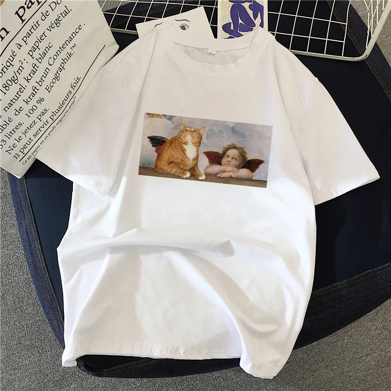 

Cat oil painting Print T shirt Women Fashion Tshirt O neck Short Sleeve Harajuku T shirt White Tops Female Tops