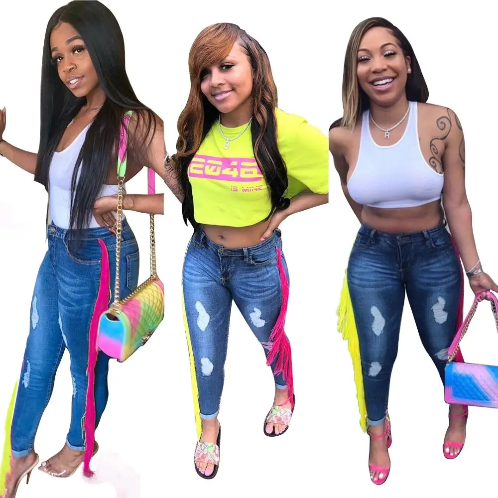 Женские рваные джинсы с бахромой облегающие Клубные пикантные джинсы-карандаш