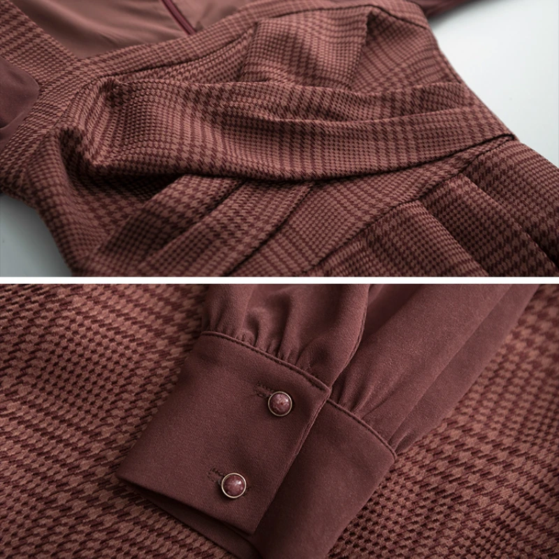 

Long Sleeve Dress Square Collar Plaid Patchwork Casual Elegant Sweet French Style Females Midi Dresses Retro OL Stylish Fall New