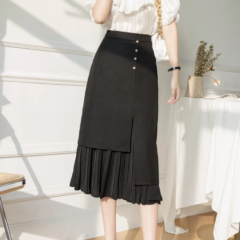 

Женская Асимметричная плиссированная юбка на молнии, Повседневная элегантная длинная облегающая юбка на пуговицах с высокой талией и обор...