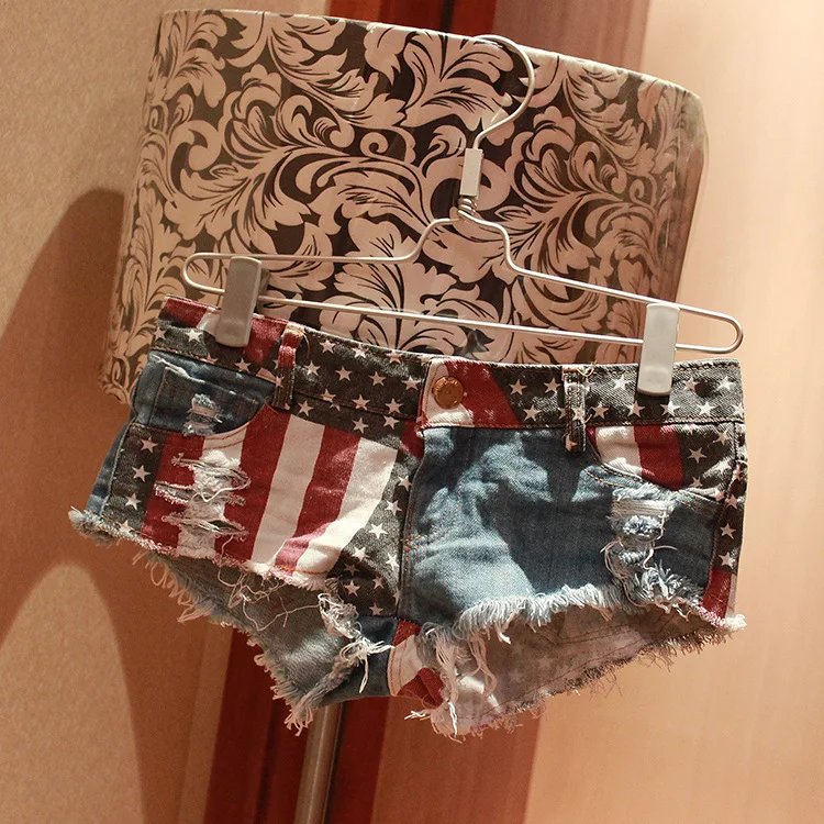 Women's Low-Rise American Flag Print Ripped Denim Shorts Jeans Mini Hot Shorts Summer Style