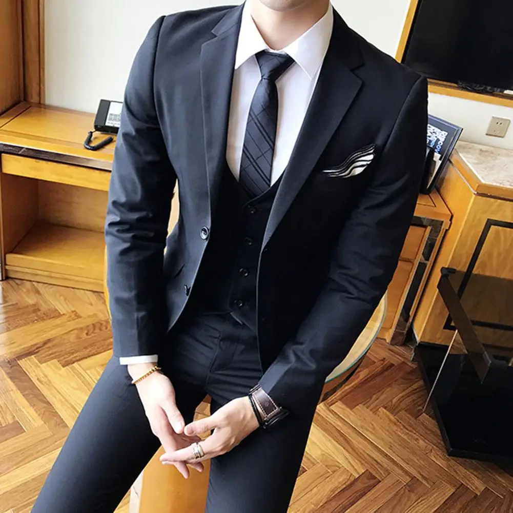 

Мужской деловой костюм, однотонный облегающий жакет с воротником с лацканами, жилет, брюки, деловой костюм, осень 2020