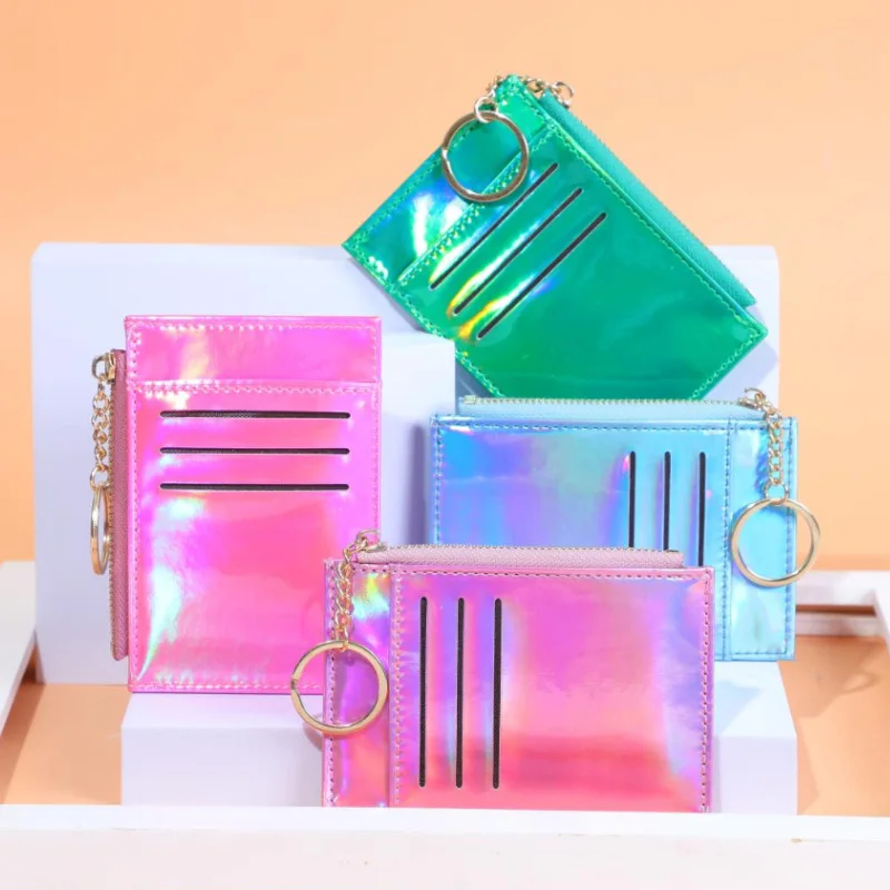 Цветной лазерный мини кошелек с отделением для карт и карманом монет на молнии