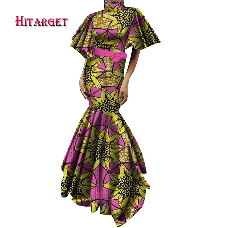 

New Vintage African Dresses for Women Puff Sleeve Mermaid Ruffles Long Dress Plus Size African Print Dress Women Clothing WY2542