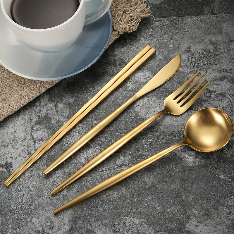 

Portable Gold Stainless Steel Dinnerware Fork Spoon Butter Knife Chopstick Set Cutlery Party Wedding Tableware Western Kitchen