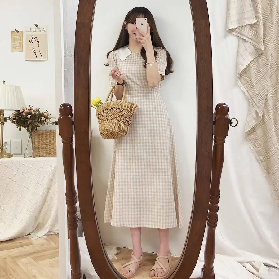 Женское клетчатое платье летнее до колена в стиле бохо с коротким рукавом и