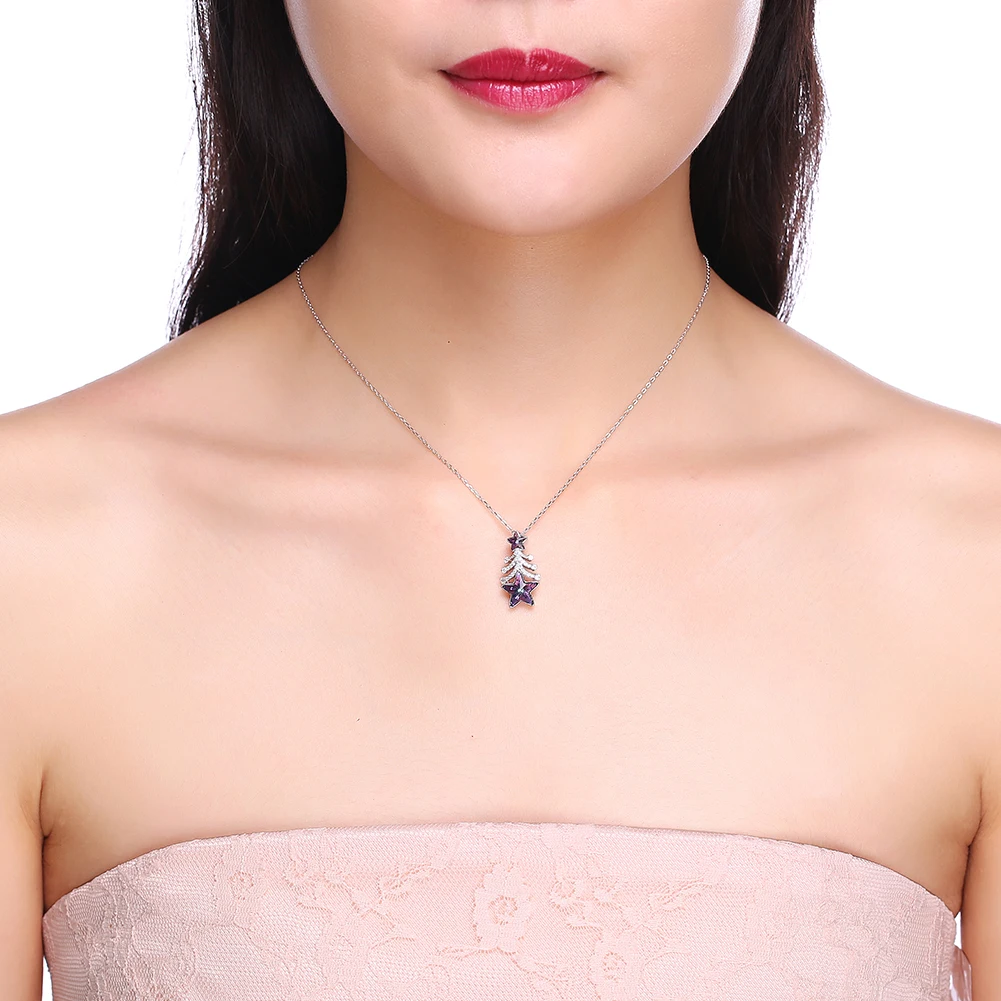 

SILVERHOO Christmas Tree Necklace For Women 925 Sterling Silver Colorful Star Austria Crystal Pendant Necklaces Fine Jewelry