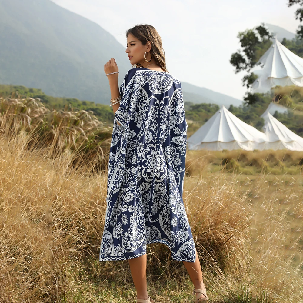 Платье женское в стиле бохо пляжный сарафан с цветочным принтом и рукавом