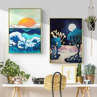 japanese style abstract landscape mountain sunrise crane octopus canvas painting posters and prints wall art picture home decor