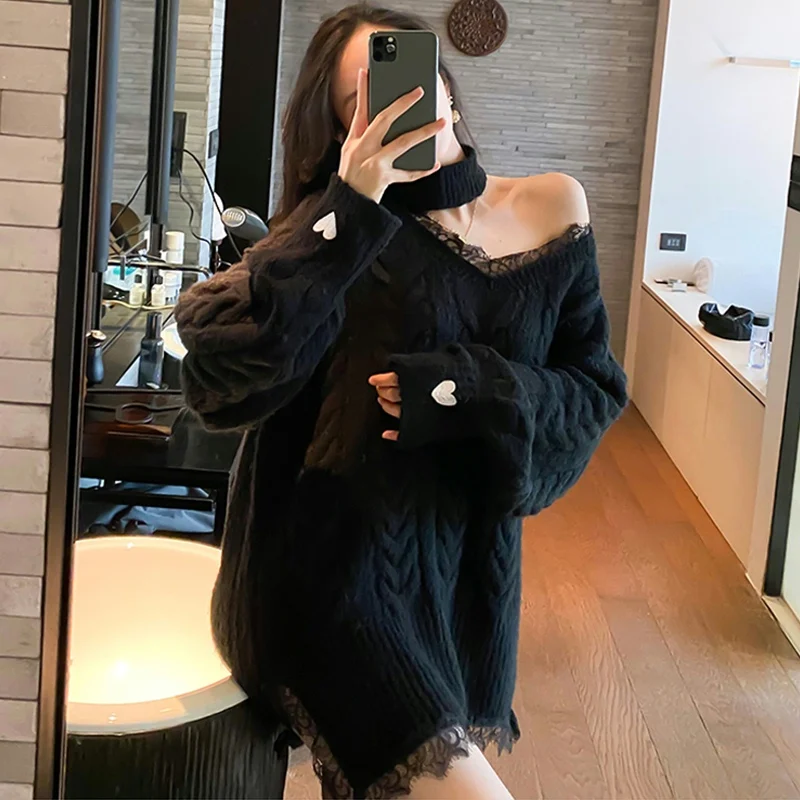

Black sweater women spring and autumn 2021 new Korean sexy mid-length outer wear lazy sweater tops black pullovers female