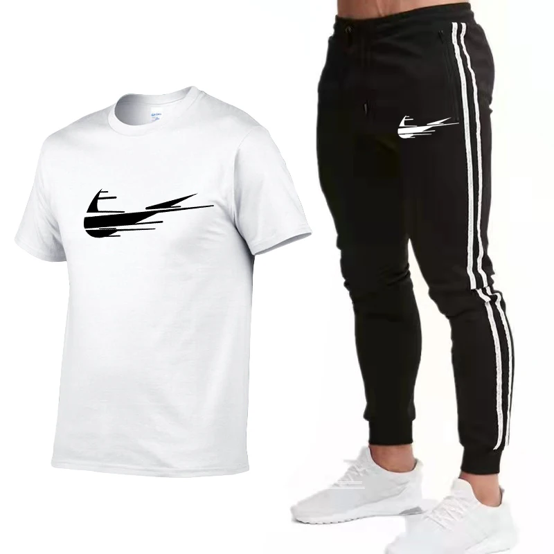 

2021 men's sportswear suit pure cotton quick-drying gym fitness running clothes fashion short-sleeved T-shirt + jogging pants