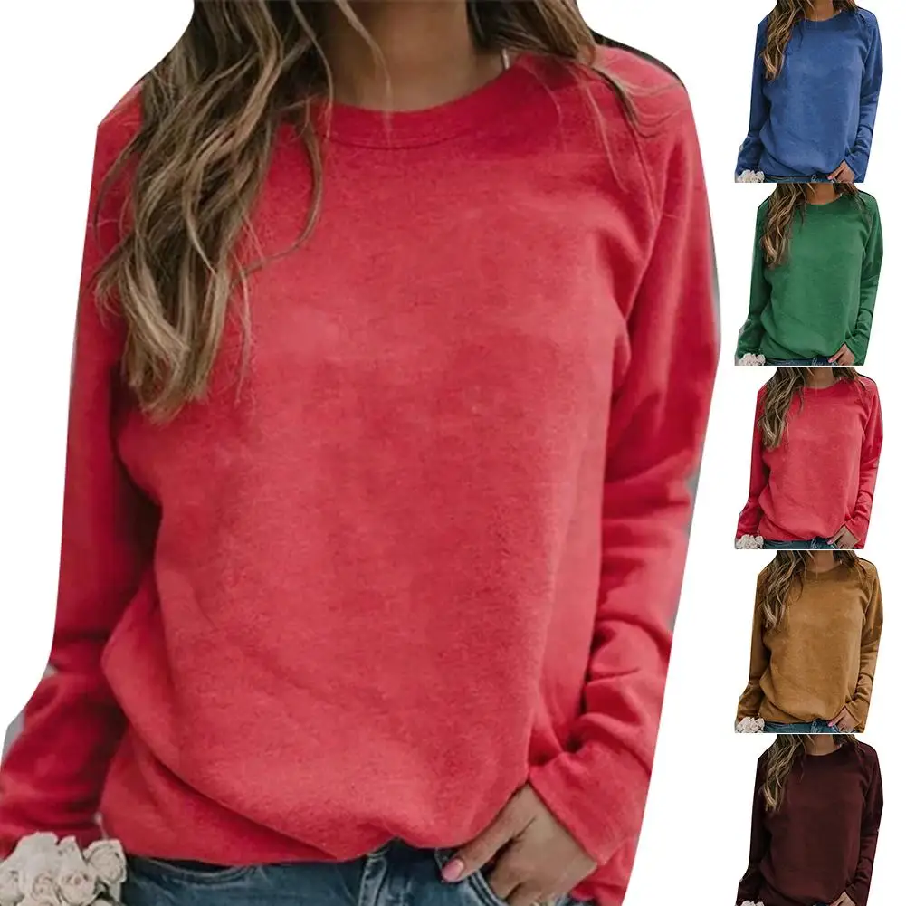 Женская однотонная толстовка с круглым вырезом и длинным рукавом размера плюс