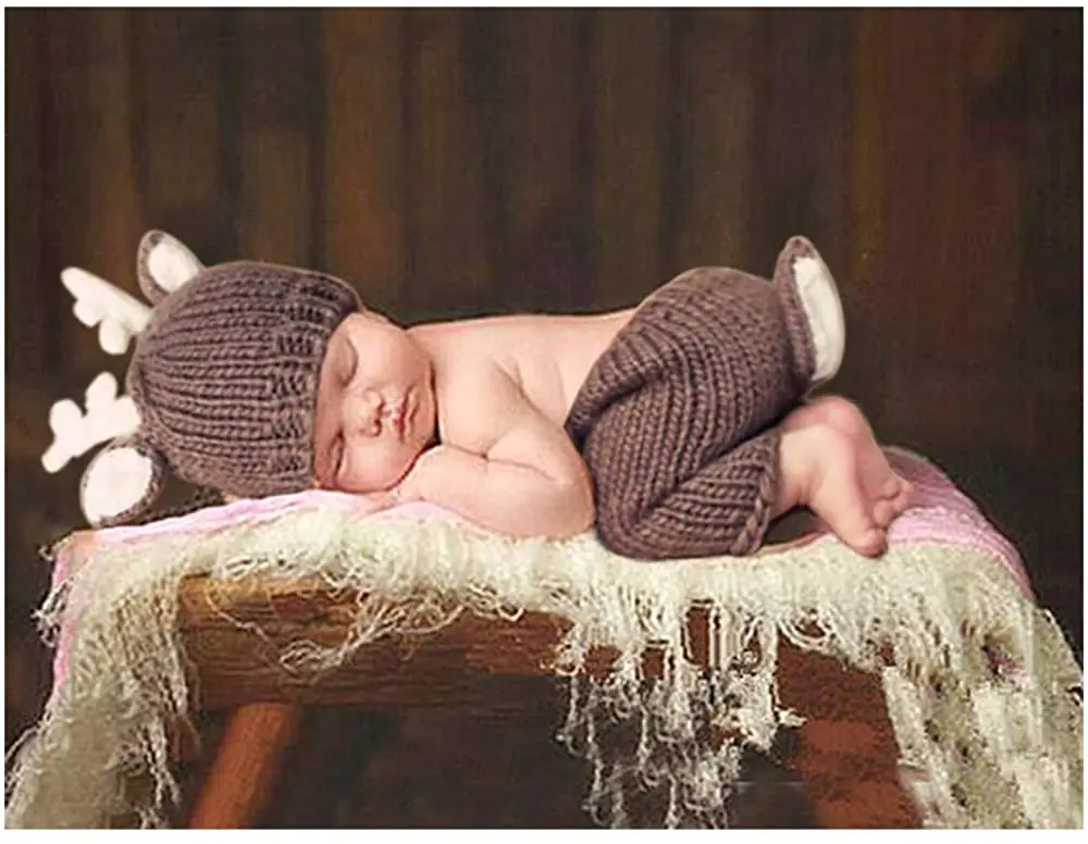 

Newborn Photography Costume Cute Knit Weave Deer Antler Hat + Fawn Tail Pants Props for Baby Boy, Girl 0-3 Months