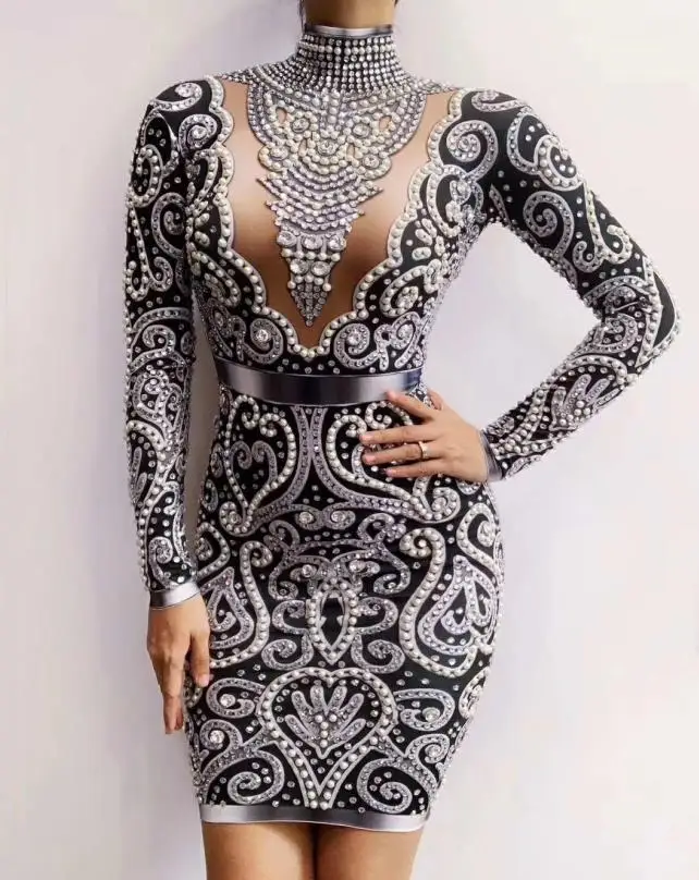Dress B Женское сексуальное сценическое блестящее Золотое платье со стразами и жемчугом, вечерние платья для танцев, женское платье певицы, костюм на день рождения, празднование - Цвет: Dress B