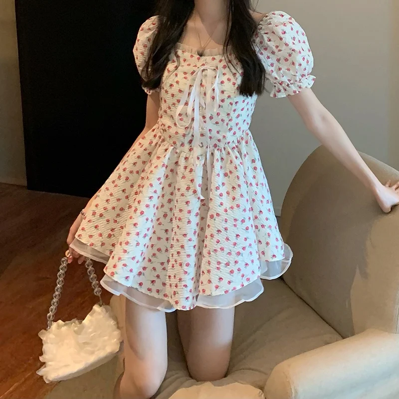 

Summer Dress Women Vintage Elegant Floral Mini Dresses Korean Birthday Party Women 2021 Y2k Patchwork Bandage Designer Dress