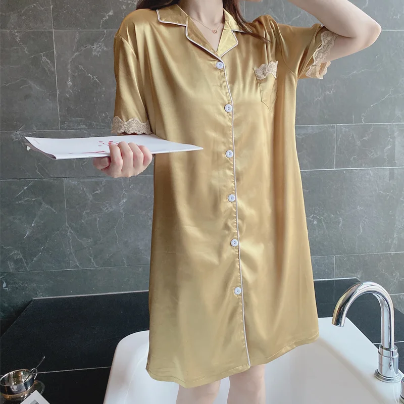 2021 New Nightdress Women's Summer Ice Thin Short Sleeve Cardigan Lace Sexy Nightgown Home Clothes Female Sleepwear Nightwear