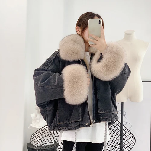 black coat beige fur Зимняя женская парка с воротником из натурального Лисьего меха, джинсовая куртка с подкладкой из кроличьего меха, большие размеры, короткое пальто, винтажная корейская мода - Цвет: black coat beige fur
