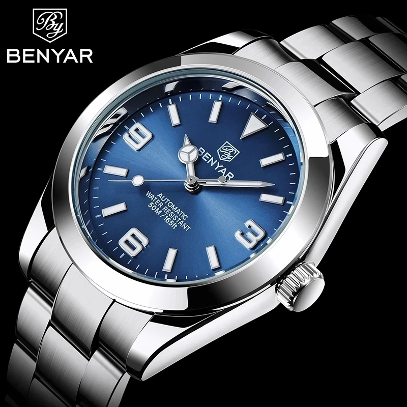 NEW BENYAR Blue Steel Bracelet Top brand Men's Watches Stainless Steel  Men Mechanical Wristwatches pilot Waterproof Sport Watch