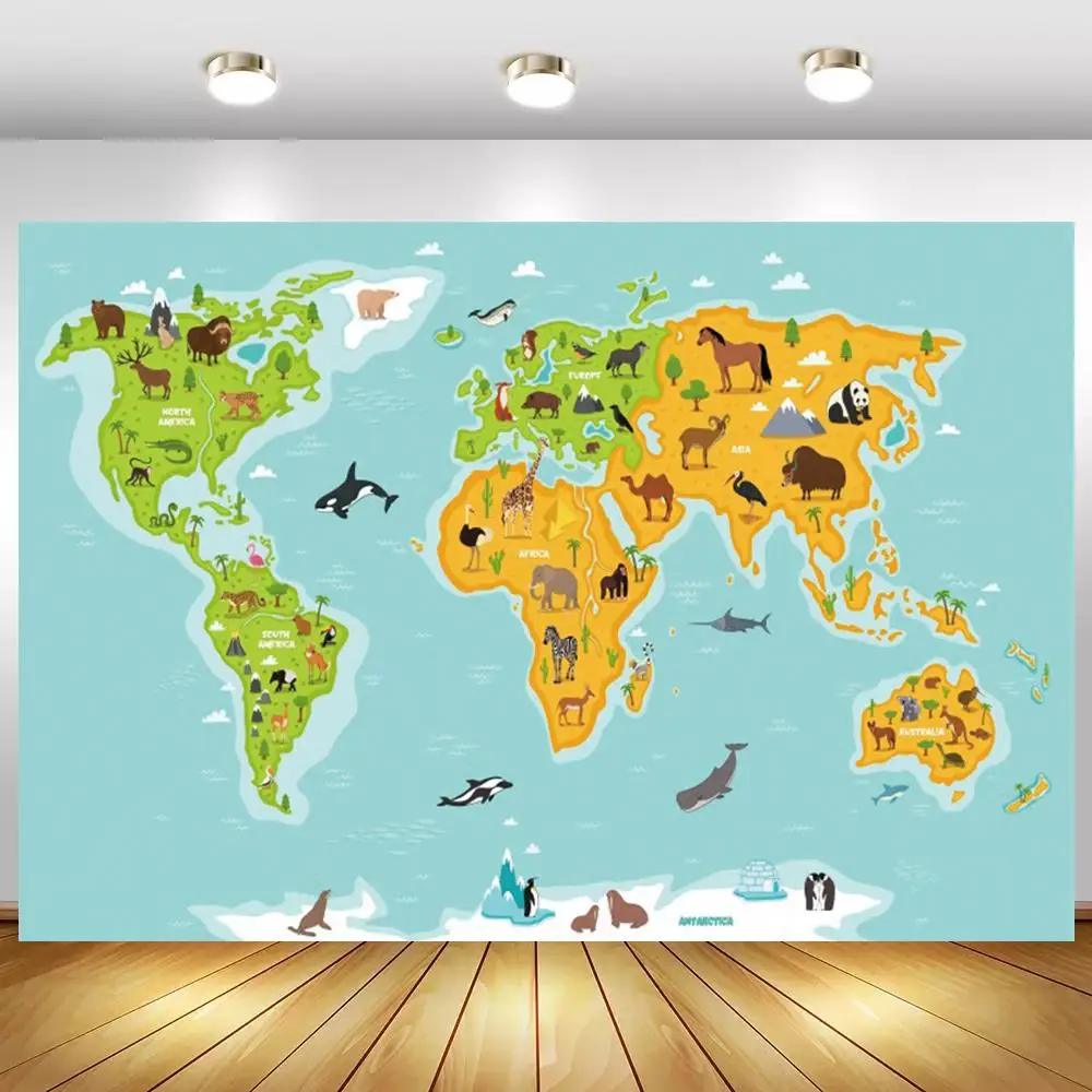 

Cartoon Animals On World Map Photo Background Kids's Room Bed Wall Vinyl Poster Decoration Portrait Backdrops Photography