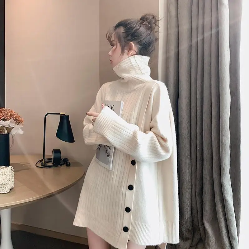 

Women Turtleneck Knitting Sweater Button Korean Fashion Ladies Full Sleeve Pullover Solid Jumper Female Knitted Girls Sweaters
