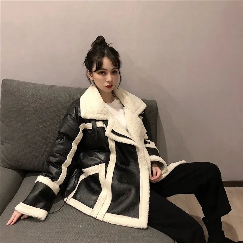WHITNEY WANG осенне-зимняя модная уличная шерстяная куртка из искусственной кожи с подкладкой женская кожаная куртка в байкерском стиле Толстая парка пальто