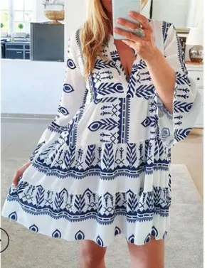 

Женское платье с принтом, V-образным вырезом и Расклешенным рукавом