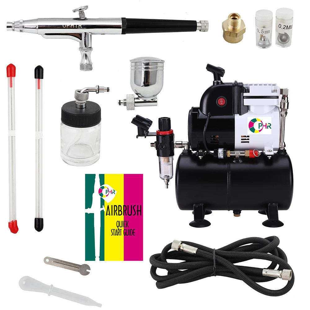 OPHIR 0.2mm,0.3mm,0.5mm Dual Action Airbrush Kit with Pro Air Compressor Double Switch for DIY Cake Hobby Set AC116+074