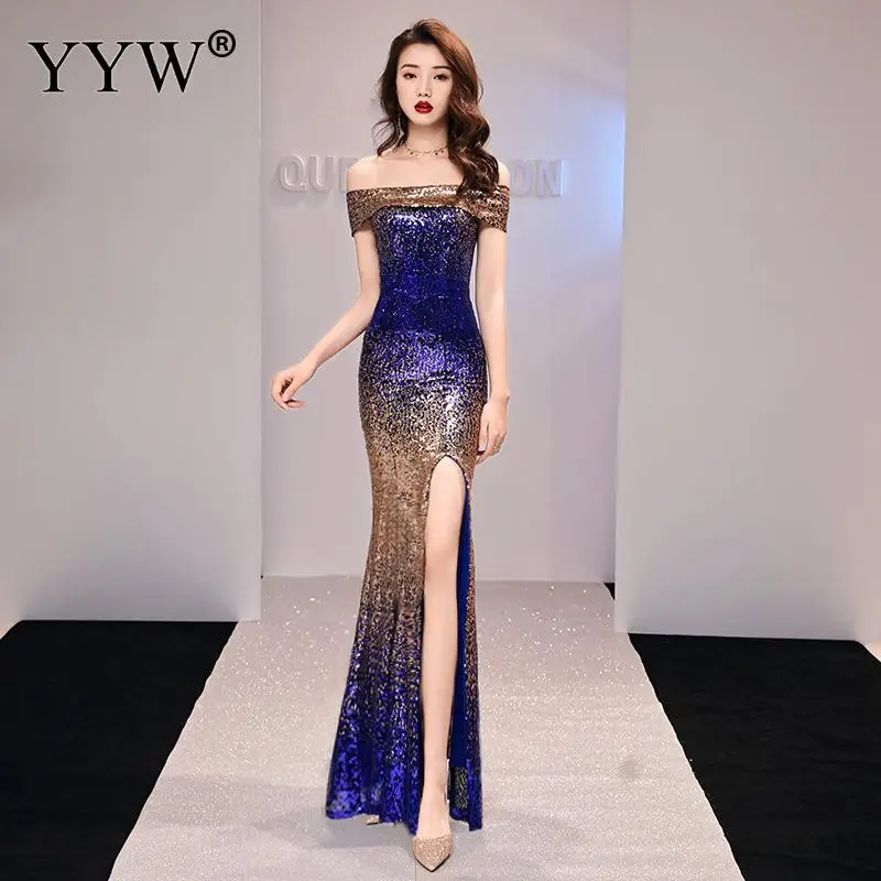 Сексуальное вечернее платье с открытыми плечами и блестками женское длинное