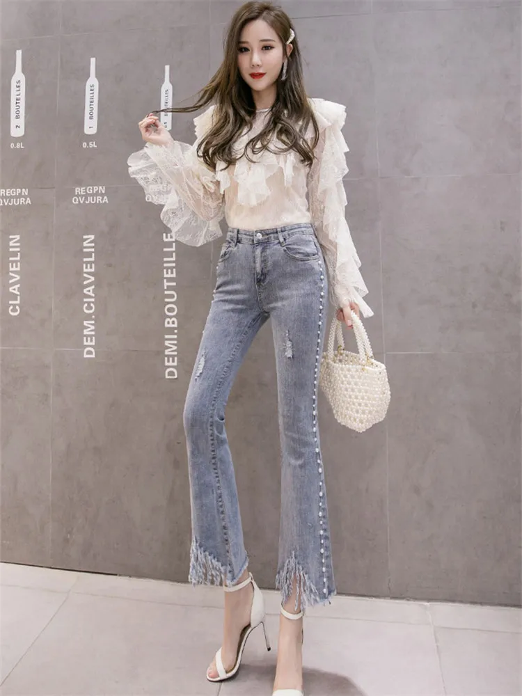 

Jeans Women's Spring And Summer New Fashion High-waist Beading Irregular Holes Button Solid Color Denim Flared Cropped Trousers