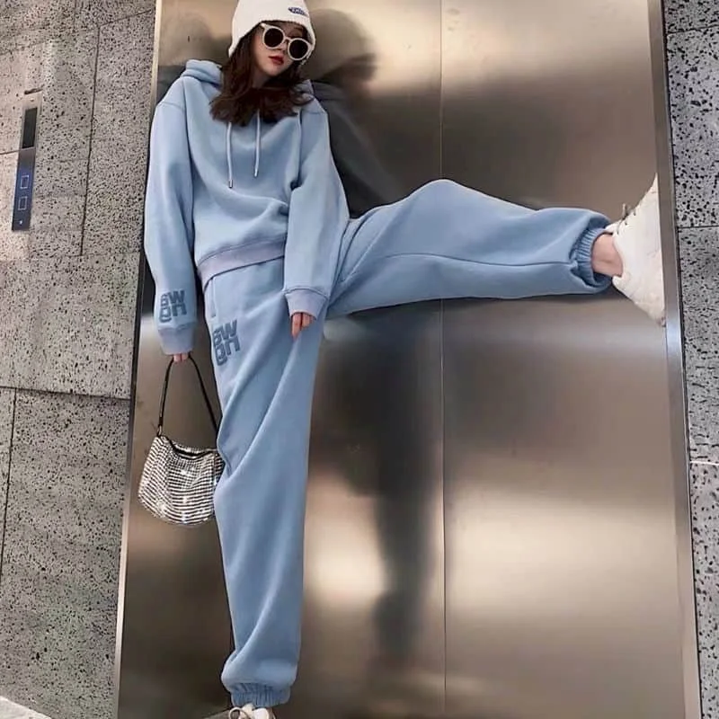 

New Autumn Apring Two Pieces Suit Women Preppy Style Loose Long Sleeves Solid Velvet Hoodies And Pants Women Sets
