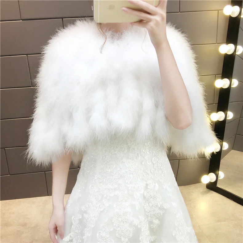

Real Ostrich Feather Cape for Women Winter Warm Wedding Fur Cape Luxurious Boleros Bride White Ivory Shrug Bridal Party Shawl