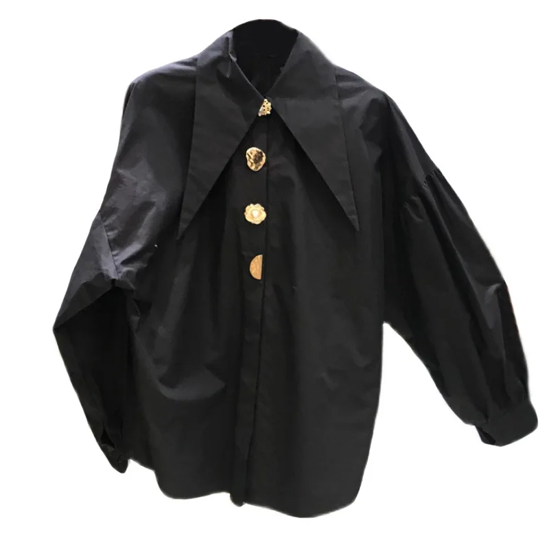 

ZCSMLL Black Women Blouses Turn-down Collar Loose Big Size Perrsonality Buttons Female Shirts 2021 Summer fashion tops